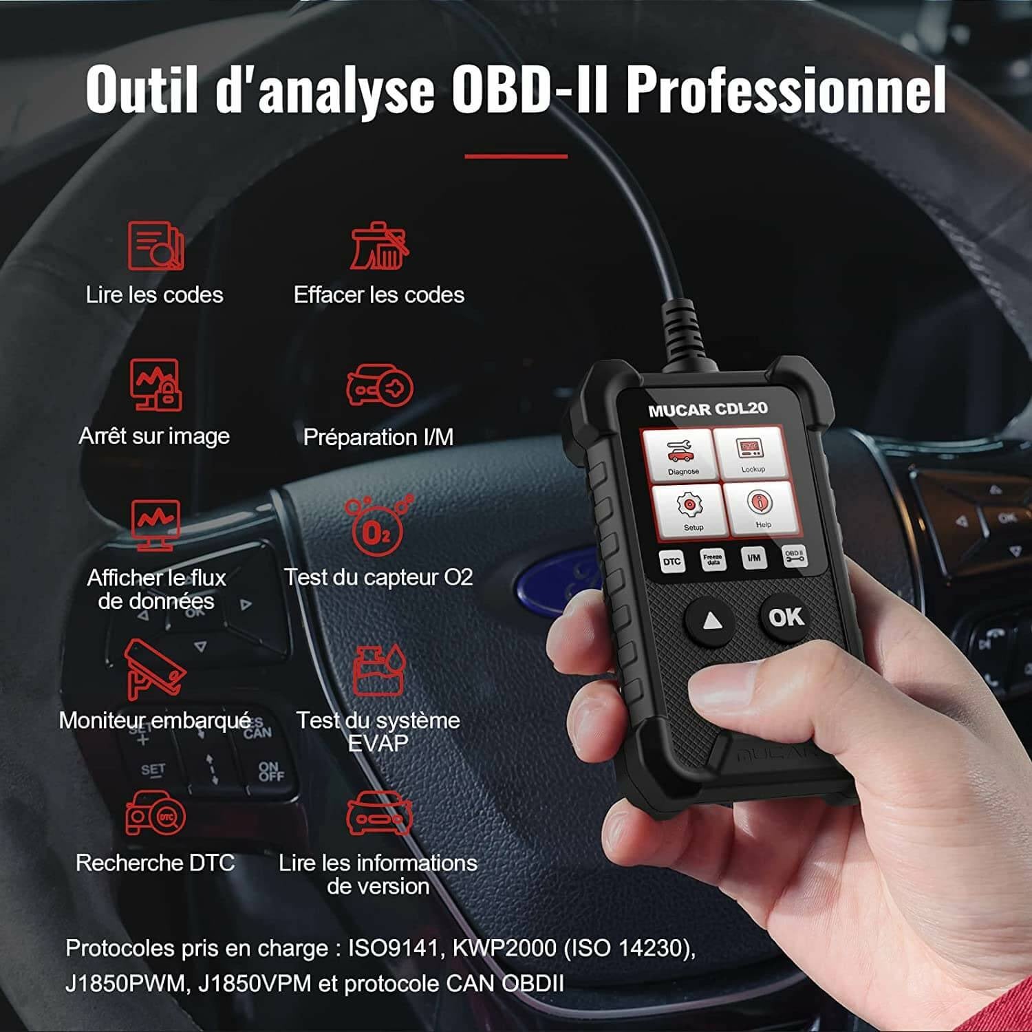 Acheter Scanner OBD2, lecteur de Code et outils d'analyse, outil de  Diagnostic de moteur de voiture pour toutes les voitures avec protocole  OBDII