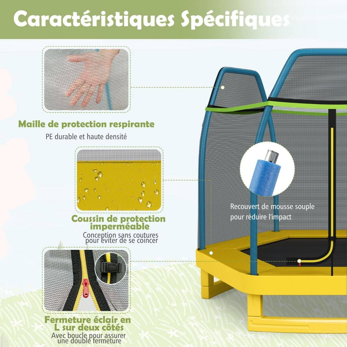 Trampoline extérieur Enfants 223cm avec Filet de Sécurité