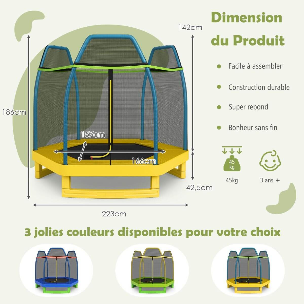 Trampoline extérieur Enfants 223cm avec Filet de Sécurité