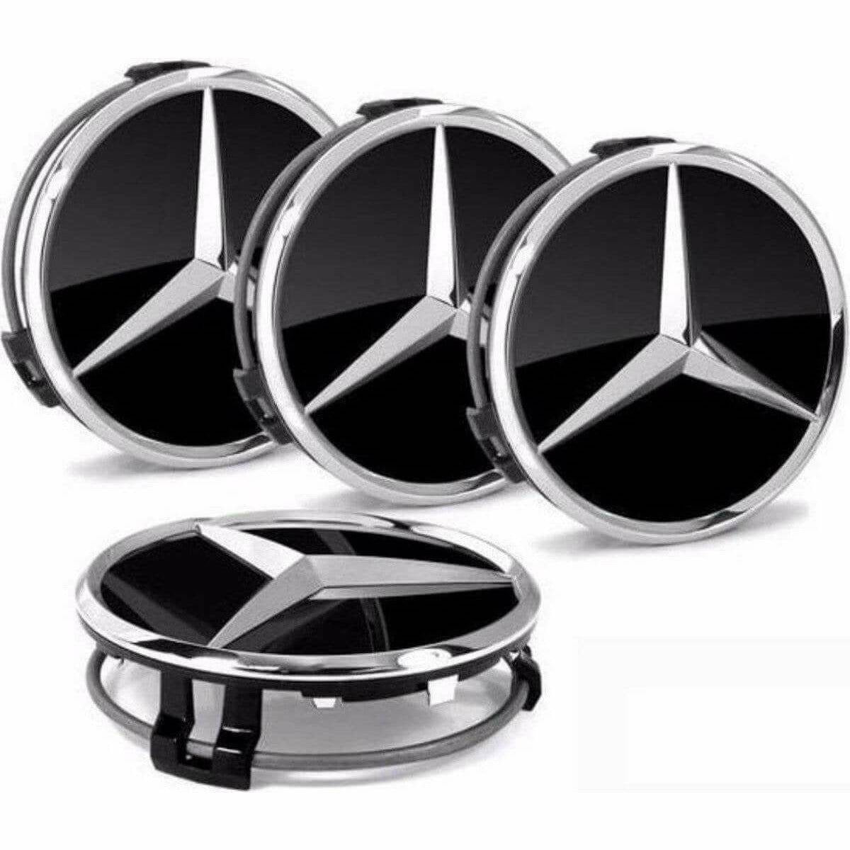 4x Cache Moyeu Mercedes 75mm Noir Mat Logo Centre Roue jante Embleme Neuf