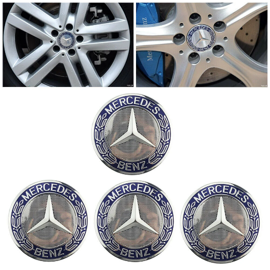 4x Cache Moyeu Mercedes 75mm Gris et bleu Logo Centre Roue jante Embleme