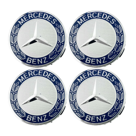 4x Cache Moyeu Mercedes 75mm Gris et bleu Logo Centre Roue jante Embleme