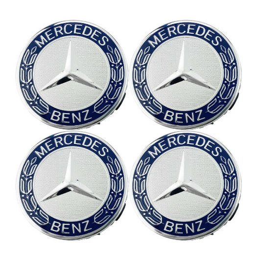 4x Cache Moyeu Mercedes 75mm Gris et bleu Logo Centre Roue jante Embleme